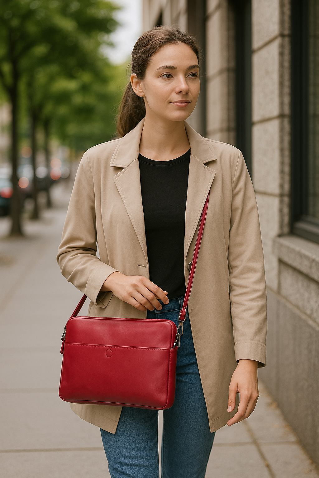 Slim Leather Laptop Bag, Genuine Leather Case, Shoulder Strap (Elona)