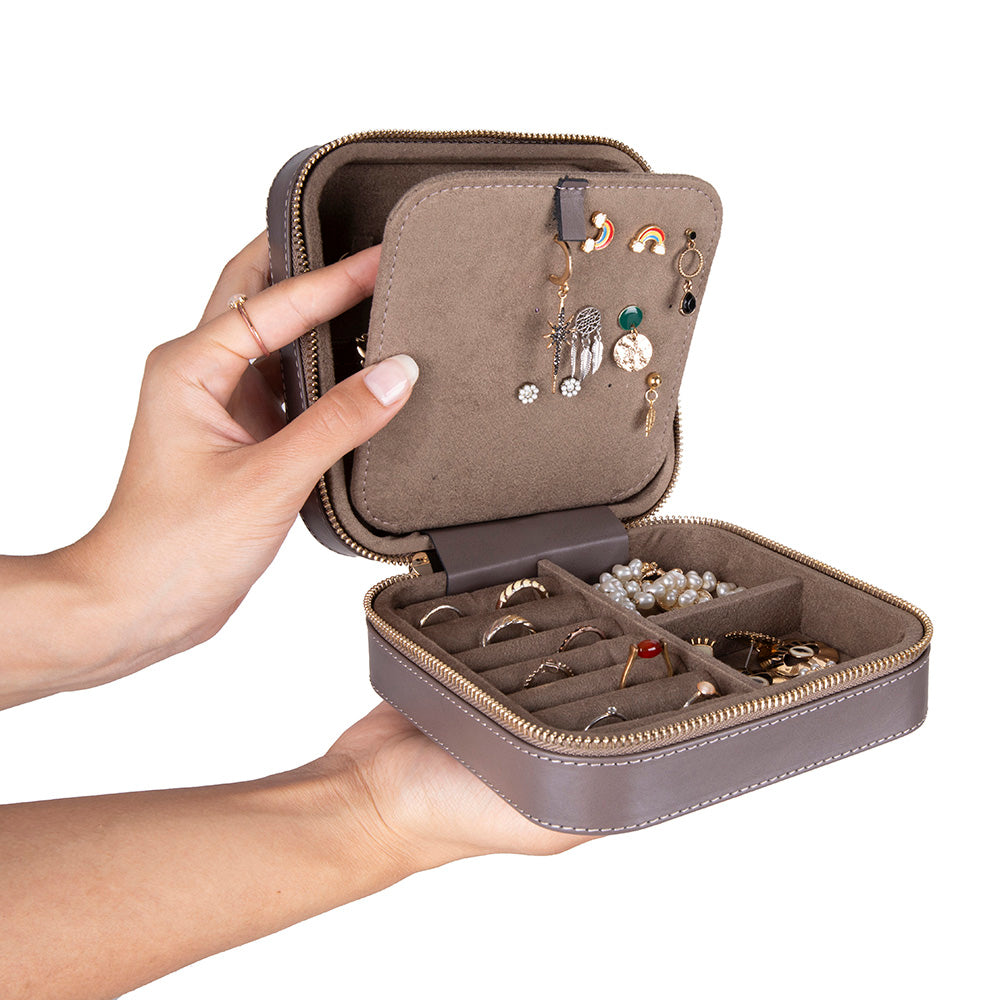 Leather Jewelry Organizer, Travel-Friendly Genuine Leather Storage Box with Velvet Lining (Celeste)