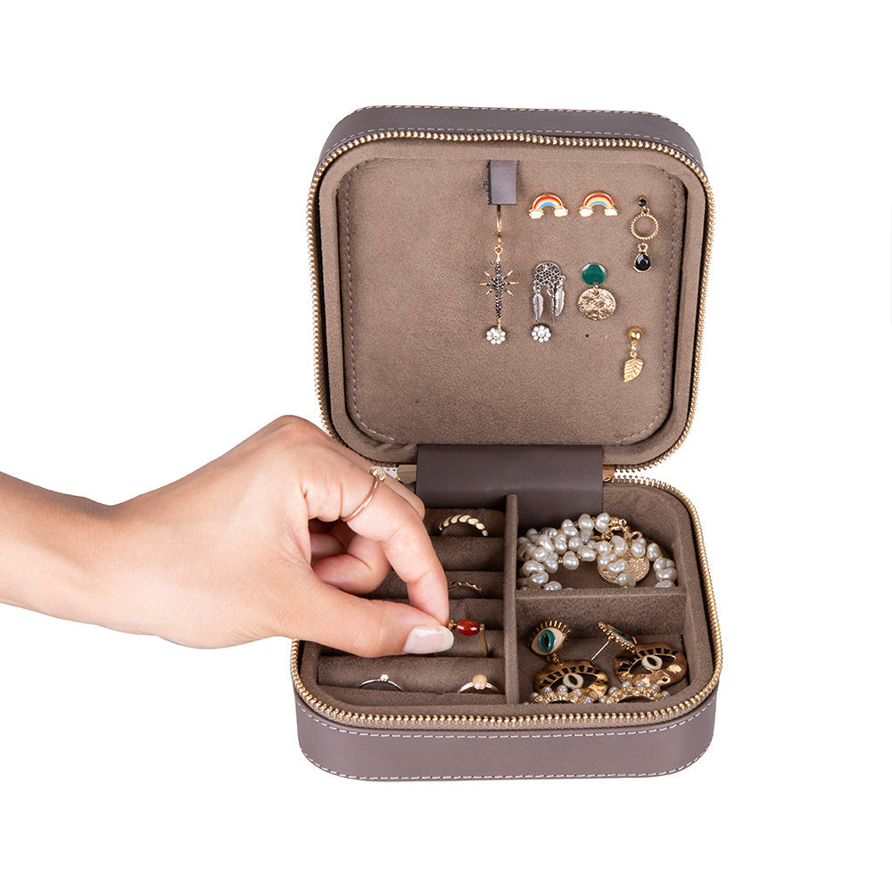 Leather Jewelry Organizer, Travel-Friendly Genuine Leather Storage Box with Velvet Lining (Celeste)