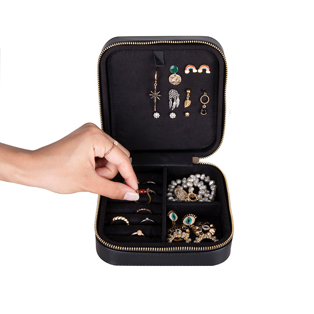 Leather Jewelry Organizer, Travel-Friendly Genuine Leather Storage Box with Velvet Lining (Celeste)