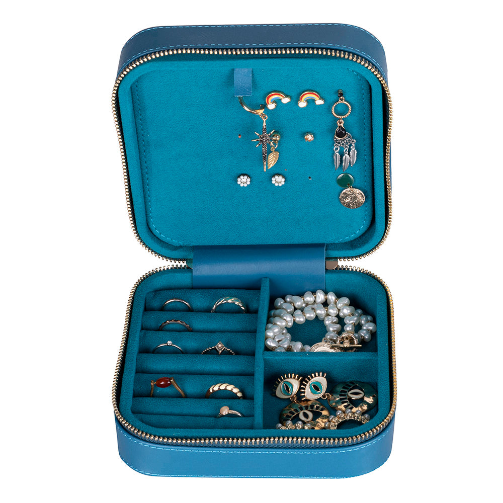 Leather Jewelry Organizer, Travel-Friendly Genuine Leather Storage Box with Velvet Lining (Celeste)