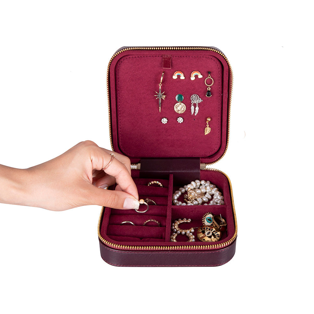 Leather Jewelry Organizer, Travel-Friendly Genuine Leather Storage Box with Velvet Lining (Celeste)