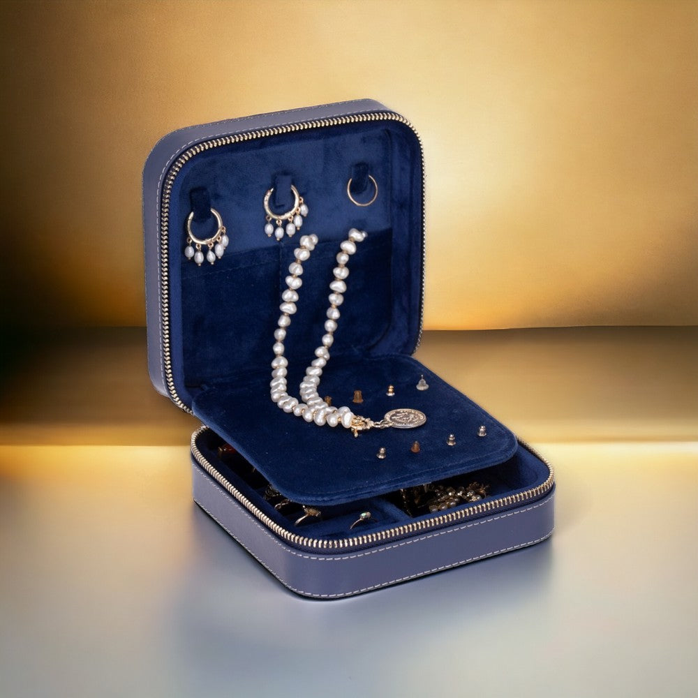 Leather Jewelry Organizer, Travel-Friendly Genuine Leather Storage Box with Velvet Lining (Celeste)