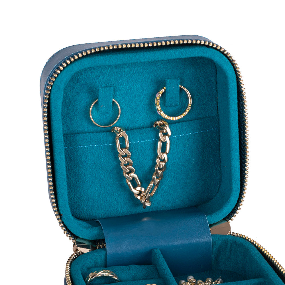 Leather Jewelry Organizer, Travel-Friendly Genuine Leather Storage Box with Velvet Lining (Celeste)