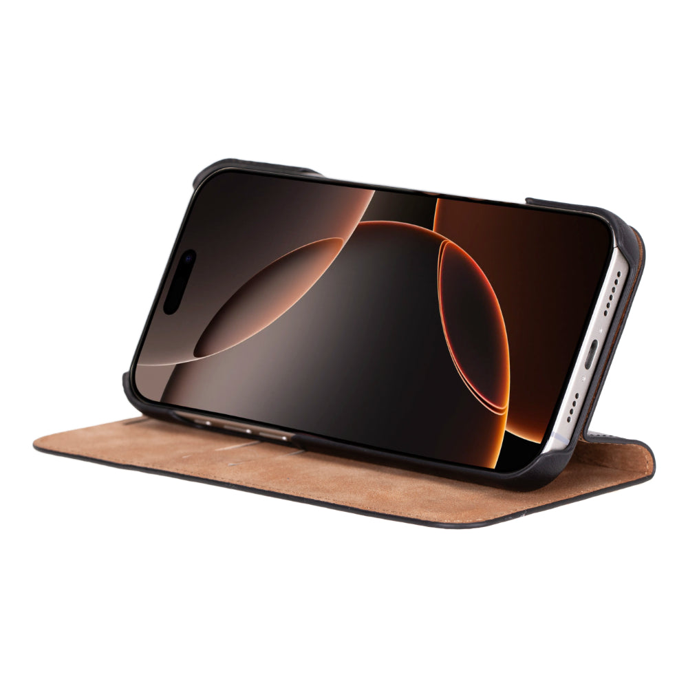 Leather iPhone 16 Pro/Max Folio Case: Wallet Cover with Stand (Presto)