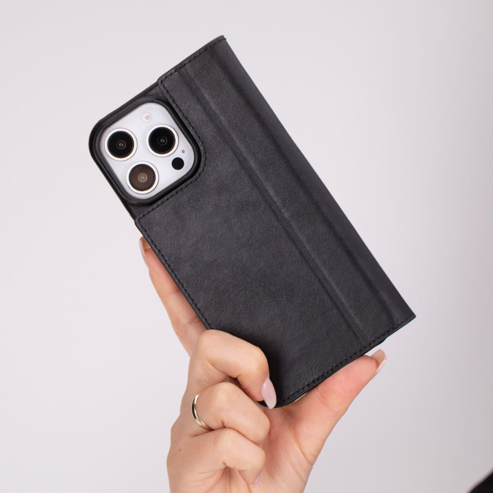 Leather iPhone 16 Pro/Max Folio Case: Wallet Cover with Stand (Presto)