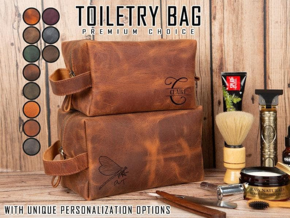 Genuine Leather Dopp Kit, Men's & Women's Toiletry Bag, Travel Organizer, Shaving Bag (Rhett)