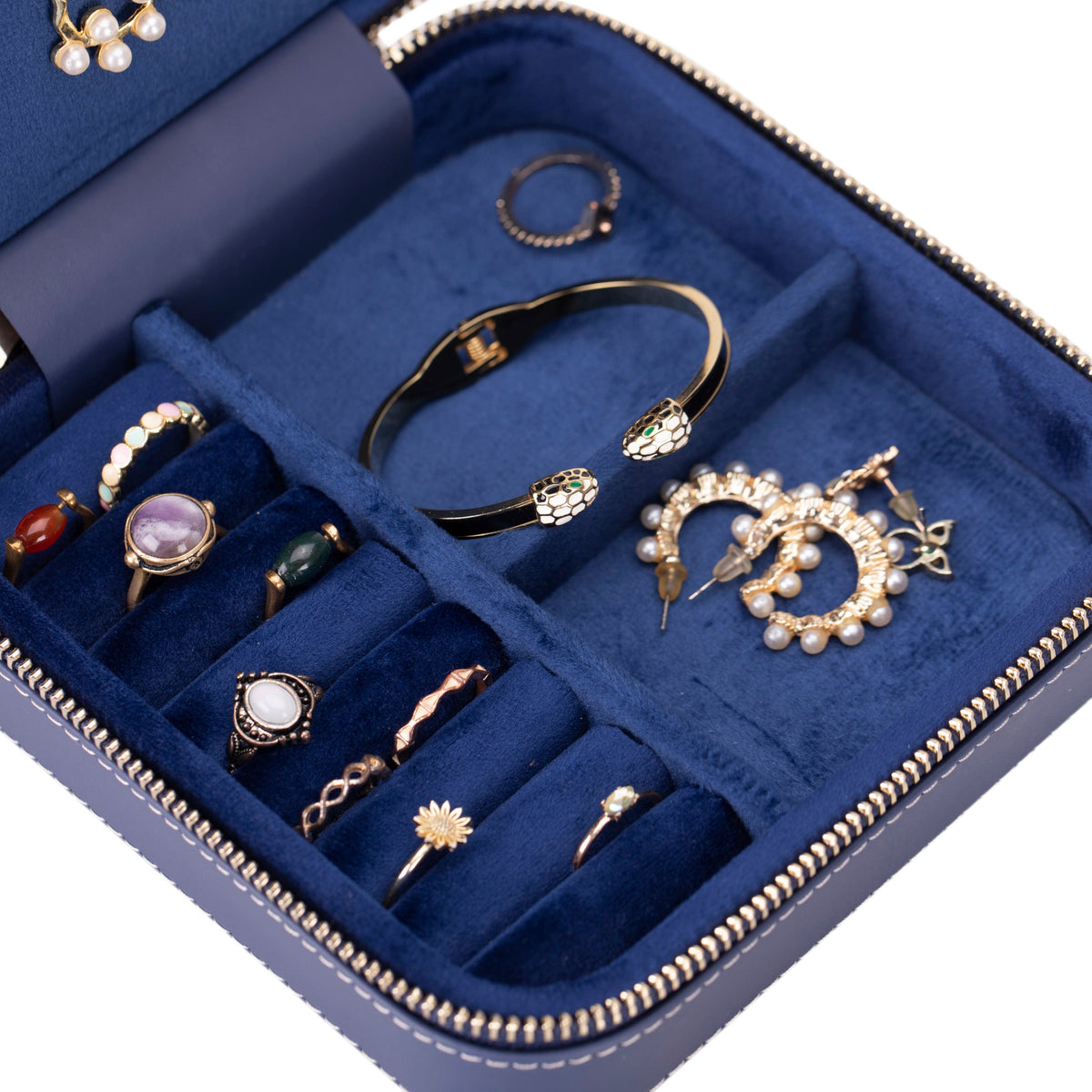 Leather Jewelry Organizer, Travel-Friendly Genuine Leather Storage Box with Velvet Lining (Celeste)