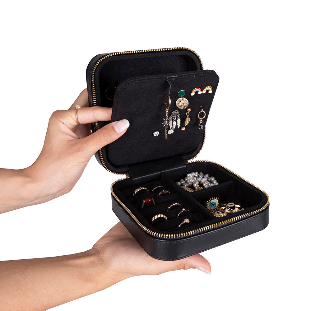 Leather Jewelry Organizer, Travel-Friendly Genuine Leather Storage Box with Velvet Lining (Celeste)