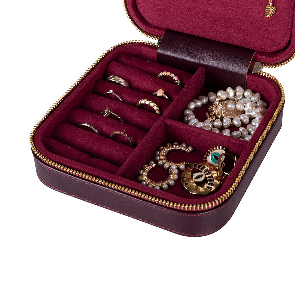 Leather Jewelry Organizer, Travel-Friendly Genuine Leather Storage Box with Velvet Lining (Celeste)