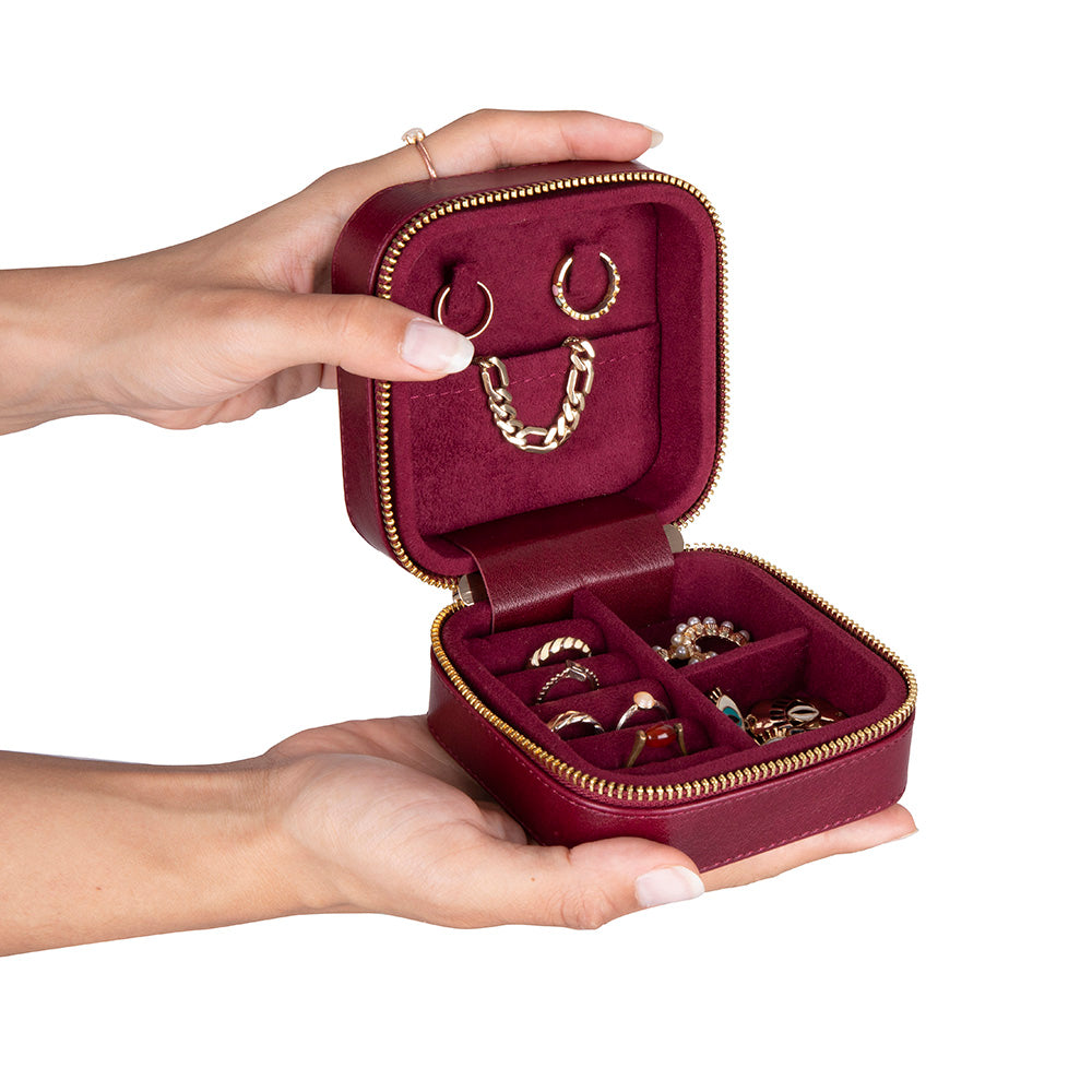 Leather Jewelry Organizer, Travel-Friendly Genuine Leather Storage Box with Velvet Lining (Celeste)