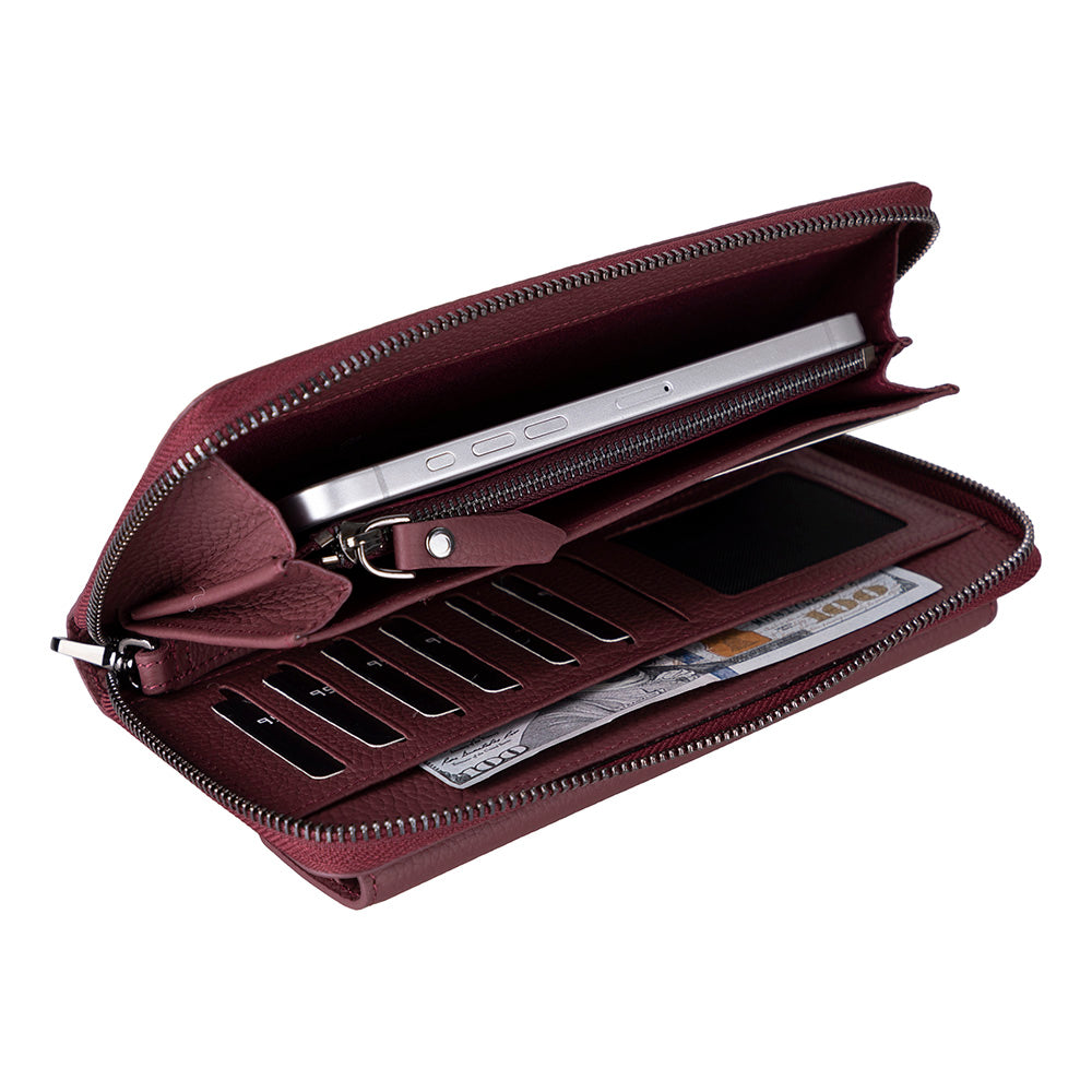 Maroon wallet with compartments and a phone pocket on a white background