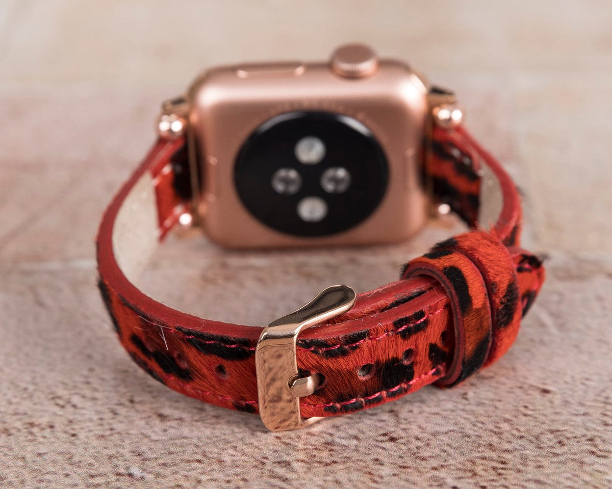 Apple Watch Compatible Leather Band, Thin and Beaded, Leopard Pattern