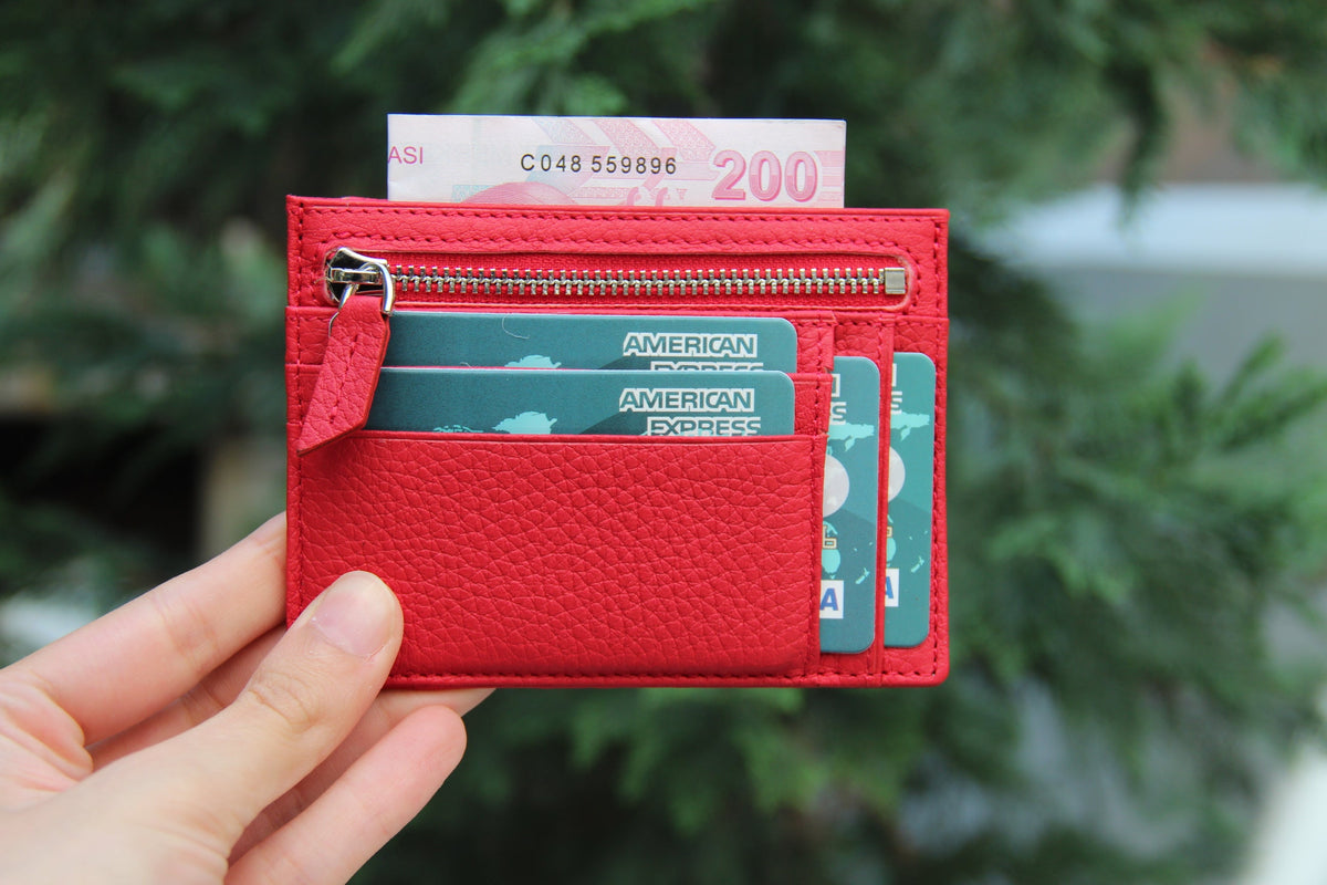 Leather Card Holder, Coin Section, 6 Card Windows, Pomegranate Flower